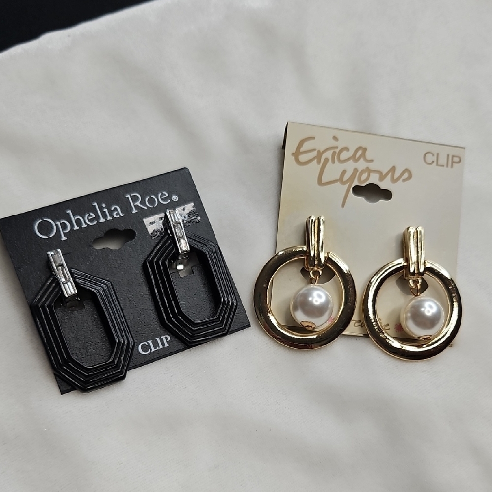 Erica Lyons and Ophelia Roe Clip On Earrings Black Silver Gold Pearl Dangle NWT